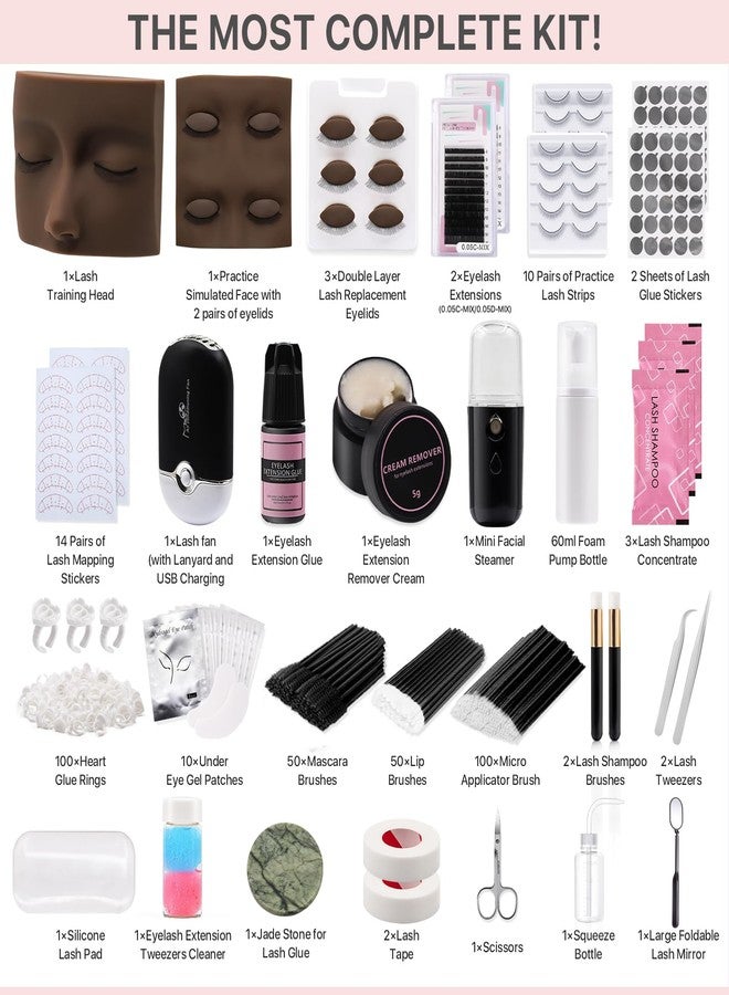 بريتي ميموري مجموعة بريتي ميموري لتطويل الرموش للمبتدئين، 343 قطعة، تتضمن كل ما يلزم: رأسين للتدريب، بخاخ للوجه، ملقط، غراء، مروحة USB للتدريب، أسود - Image 2